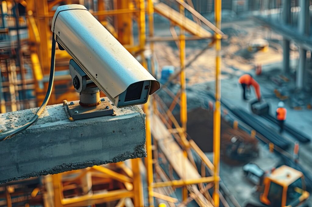 CCTV-Kamera, die einen Bagger und Arbeiter bei der Arbeit auf einer Baustelle beobachtet. mit Kopierraumbild. Platz zum Hinzufügen von Text oder Design
