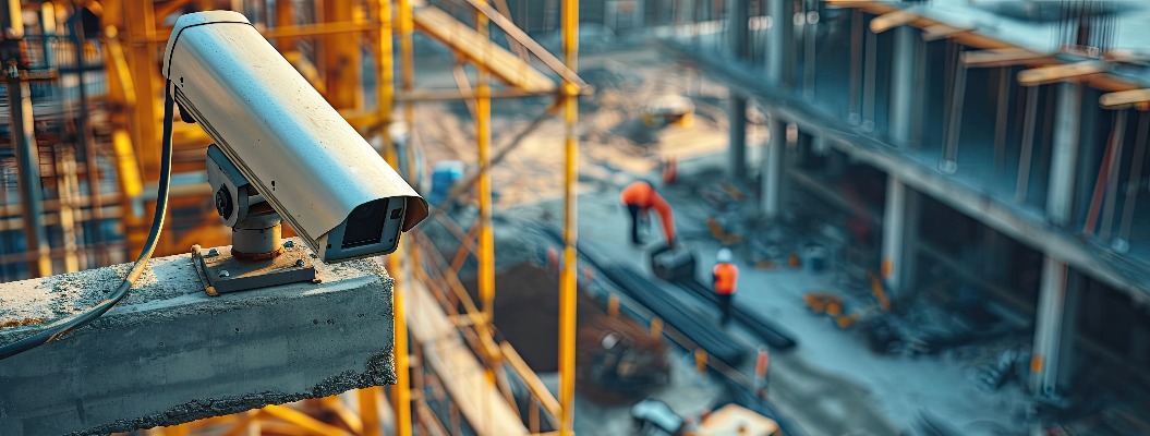 CCTV-Kamera, die einen Bagger und Arbeiter bei der Arbeit auf einer Baustelle beobachtet. mit Kopierraumbild. Platz zum Hinzufügen von Text oder Design