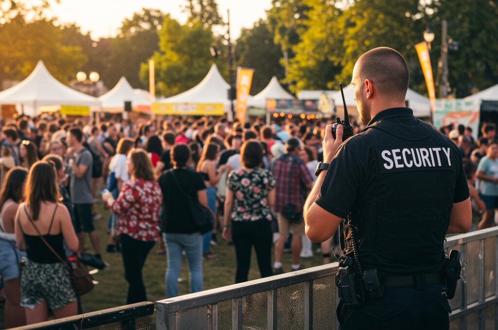 Sicherheit, Menschenmenge und Party bei Konzert, Veranstaltung oder Festival mit Wächter zur Kontrolle. Sicherheit, Menschen und Publikum bei Feiern im Freien, Musik und abends zum Schutz