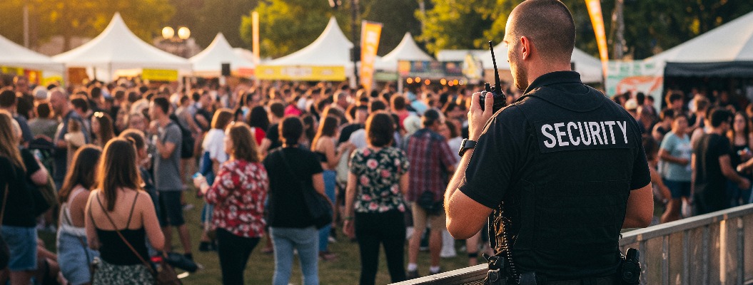 Sicherheit, Menschenmenge und Party bei Konzert, Veranstaltung oder Festival mit Wächter zur Kontrolle. Sicherheit, Menschen und Publikum bei Feiern im Freien, Musik und abends zum Schutz