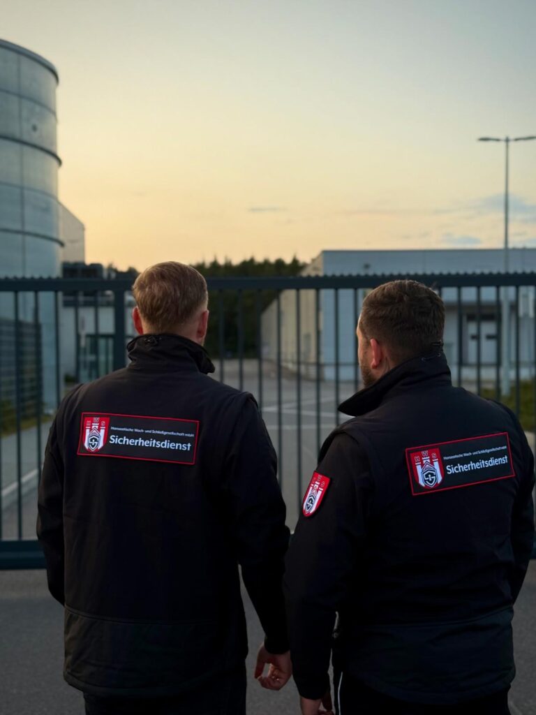 Zwei Männer mit Sicherheitsdienstjacken stehen nebeneinander vor einem verschlossenen Tor